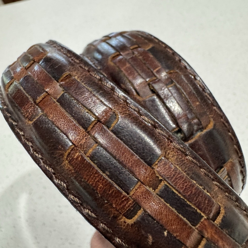 Men Vintage Brown Leather Braided Belt Size 39 Silver Hardware